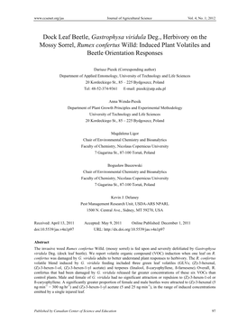 Gastrophysa Viridula Deg., Herbivory on the Mossy Sorrel, Rumex Confertus Willd: Induced Plant Volatiles and Beetle Orientation Responses