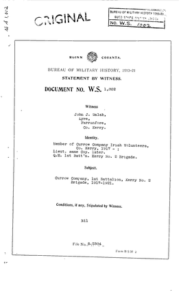 ROINN COSANTA. BUREAU of MILITARY HISTORY, 1913-21 STATEMENT by WITNESS. DOCUMENT NO. W.S. 1,002 Witness John J. Walsh, Lyre, Fa