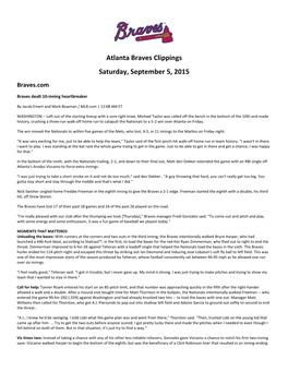 Atlanta Braves Clippings Saturday, September 5, 2015 Braves.Com