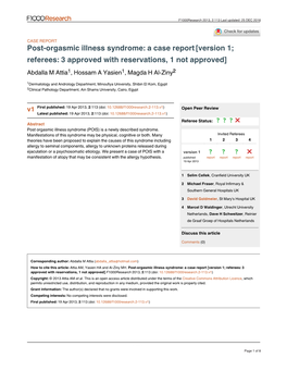 Post-Orgasmic Illness Syndrome: a Case Report [Version 1; Referees: 3 Approved with Reservations, 1 Not Approved] Abdalla M Attia1, Hossam a Yasien1, Magda H Al-Ziny2