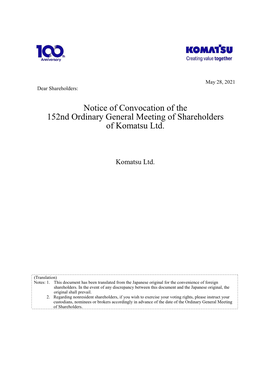 Notice of Convocation of the 152Nd Ordinary General Meeting of Shareholders of Komatsu Ltd
