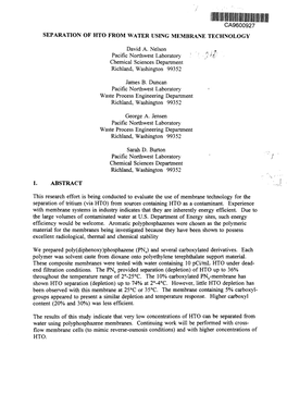 Ca9600927 Separation of Hto from Water Using Membrane Technology