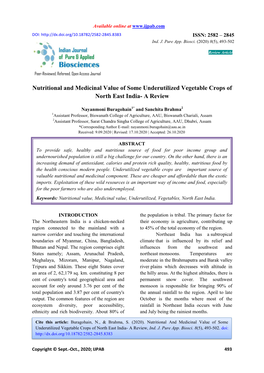 Nutritional and Medicinal Value of Some Underutilized Vegetable Crops of North East India- a Review