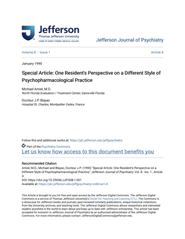 Special Article: One Resident's Perspective on a Different Style of Psychopharmacological Practice