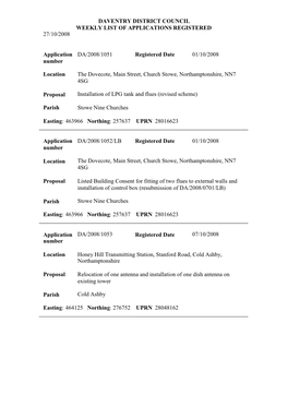 Daventry District Council Weekly List of Applications Registered 27/10/2008