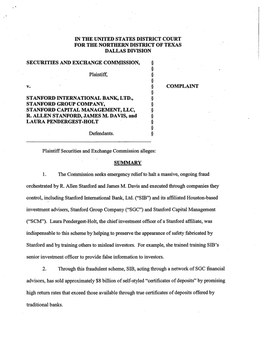 SEC Complaint: Stanford International Bank, Et