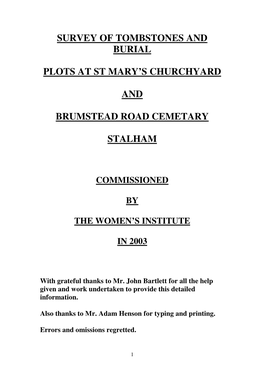 Survey of Tombstones and Burial Plots at St Mary's Churchyard And