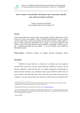 Entre O Samba E O Jogo Do Bicho: Os Elementos Que Caracterizam a Baixada Como O Brasil Em Senhora Do Destino Andreza Almeida