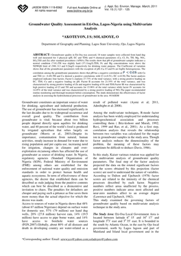 Groundwater Quality Assessment in Eti-Osa, Lagos-Nigeria Using Multivariate Analysis