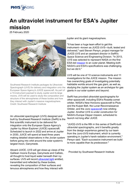 An Ultraviolet Instrument for ESA's Jupiter Mission 25 February 2020