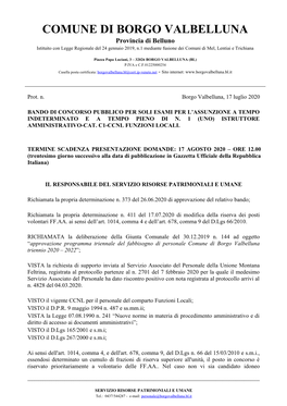 COMUNE DI BORGO VALBELLUNA Provincia Di Belluno Istituito Con Legge Regionale Del 24 Gennaio 2019, N.1 Mediante Fusione Dei Comuni Di Mel, Lentiai E Trichiana