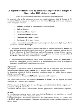 La Popolazione Sinta E Rom Nei Campi Sosta in Provincia Di Bologna Al 30 Novembre 2009 (Dati Provvisori)