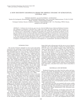 A New Docodont (Mammalia) from the Middle Jurassic of Kyrgyzstan, Central Asia