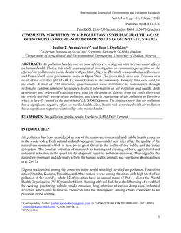 Community Perception on Air Pollution and Public Health: a Case of Ewekoro and Remo-North Communities in Ogun State, Nigeria