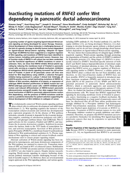 Inactivating Mutations of RNF43 Confer Wnt Dependency in Pancreatic Ductal Adenocarcinoma