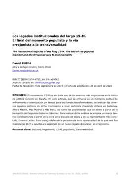 Los Legados Institucionales Del Largo 15-M. El Final Del Momento Populista Y La Vía Errejonista a La Transversalidad