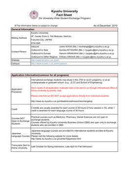 Kyushu University Fact Sheet (For University-Wide Student Exchange Program)