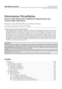 Intravenous Nicardipine Its Use in the Short-Term Treatment of Hypertension and Various Other Indications