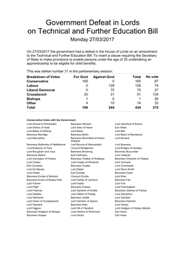 Government Defeat in Lords on Technical and Further Education Bill Monday 27/03/2017