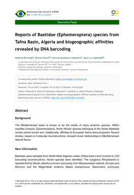 Ephemeroptera) Species from Tafna Basin, Algeria and Biogeographic Affinities Revealed by DNA Barcoding