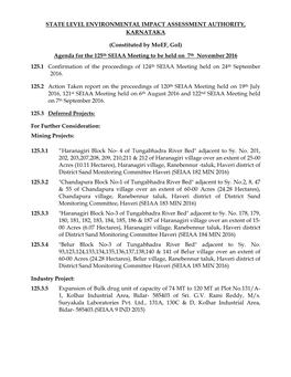 (Constituted by Moef, Goi) Agenda for the 125Th SEIAA Meeting T