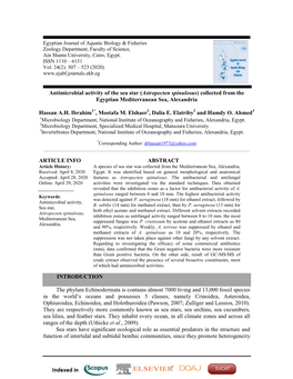 Antimicrobial Activity of the Sea Star (Astropecten Spinulosus) Collected from the Egyptian Mediterranean Sea, Alexandria