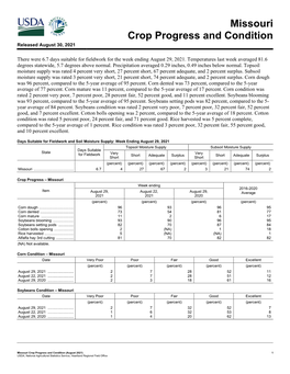 Missouri Crop Progress and Condition (August 2021) 1 USDA, National Agricultural Statistics Service, Heartland Regional Field Office