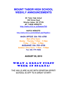 Mount Tabor High School Weekly Announcements