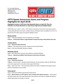 CPTV Sports Announces Game and Program Highlights for April 20-26
