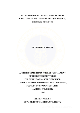 Recreational Valuation and Carrying Capacity: a Case Study of Bangsaen Beach, Chonburi Province