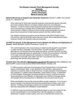 The Western Aquatic Plant Management Society Abstracts 16Th Annual Meeting Seattle, Washington March 27 and 28, 1997