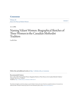 Naming Valiant Women: Biographical Sketches of Three Women in the Canadian Methodist Tradition Lucille Marr