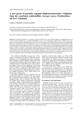 Siphonostomatoida: Caligidae) from the Razorback Scabbardfish, Assurger Anzac (Trichiuridae) Off New Caledonia