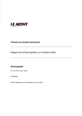 Rapport De La Municipalité Sur La Gestion 2OL8 M U Nicipalité