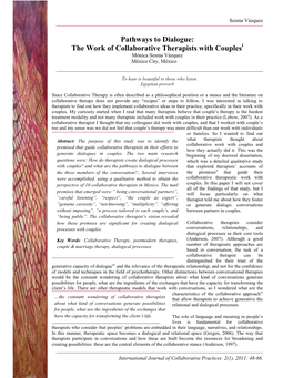 Pathways to Dialogue: the Work of Collaborative Therapists with Couplesi Mónica Sesma Vázquez México City, México