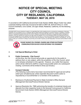 Notice of Special Meeting City Council City of Redlands, California Tuesday, May 28, 2019