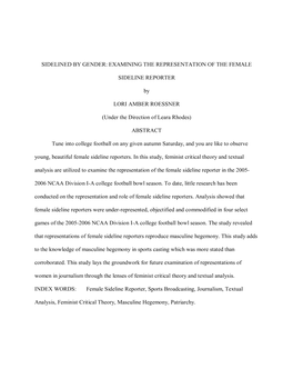 EXAMINING the REPRESENTATION of the FEMALE SIDELINE REPORTER by LORI AMBER ROESSNER (Under the Direction O