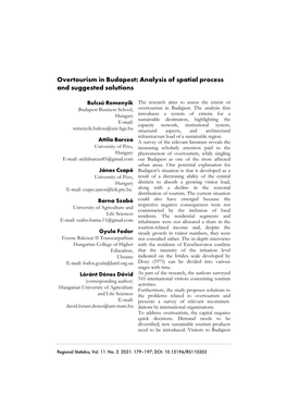 Overtourism in Budapest: Analysis of Spatial Process and Suggested Solutions