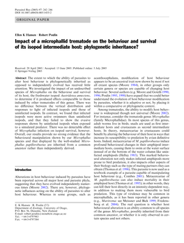 Impact of a Microphallid Trematode on the Behaviour and Survival of Its Isopod Intermediate Host: Phylogenetic Inheritance?