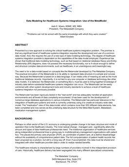 Data Modeling for Healthcare Systems Integration: Use of the Metamodel ABSTRACT BACKGROUND