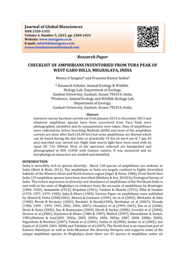 Research Paper CHECKLIST of AMPHIBIANS INVENTORIED from TURA PEAK of WEST GARO HILLS, MEGHALAYA, INDIA Journal of Global Bioscie