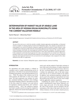 (2) 2018, 117–133 Determination of Market Value of Arable Land in the Area of Mszana D