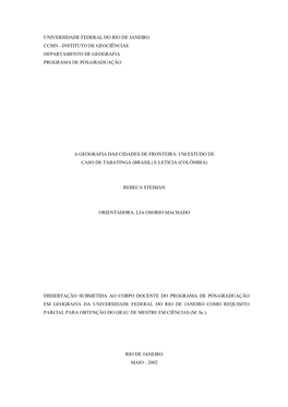 A Geografia Das Cidades De Fronteira: Um Estudo De Caso De Tabatinga (Brasil) E Letícia (Colômbia)