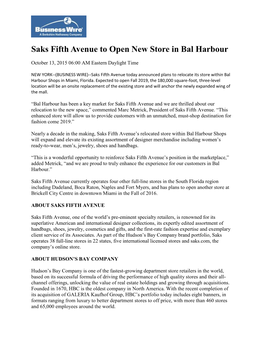 Saks Fifth Avenue to Open New Store in Bal Harbour