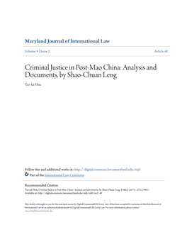 Criminal Justice in Post-Mao China: Analysis and Documents, by Shao-Chuan Leng Tao-Tai Hsia