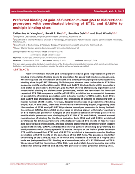 Preferred Binding of Gain-Of-Function Mutant P53 to Bidirectional Promoters with Coordinated Binding of ETS1 and GABPA to Multiple Binding Sites