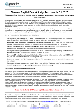Venture Capital Deal Activity Recovers in Q1 2017 Global Deal Flow Rises from Decline Seen in Previous Two Quarters, but Remains Below Levels Seen in Q1 2016