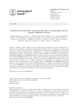 Cholesterol 25-Hydroxylase on Chromosome 10Q Is a Susceptibility Gene for Sporadic Alzheimer’S Disease