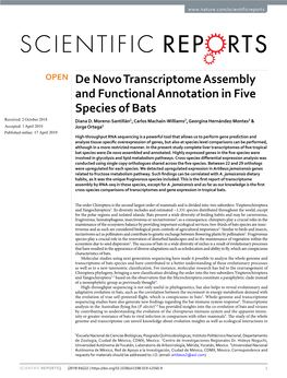 De Novo Transcriptome Assembly and Functional Annotation in Five Species of Bats Received: 2 October 2018 Diana D
