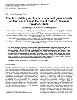 Effects of Shifting Surplus Farm Labor and Grain Subsidy on Land Use in Loess Plateau of Northern Shaanxi Province, China